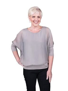 NWT Tina Stephens Rosa Lined Banded Bottom Silk Top Made Italy  One Size TAUPE